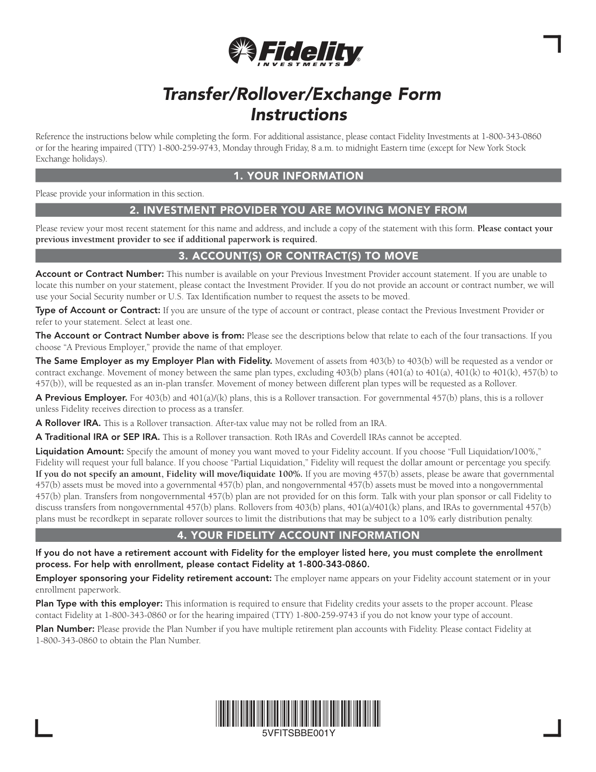 Completed Fidelity Investments Transfer/Rollover/Exchange Form showing a direct 401(k) rollover to a Traditional IRA