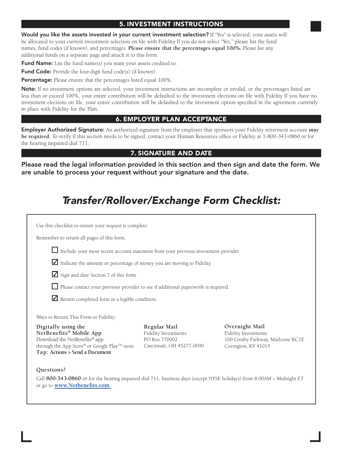 Completed Fidelity Investments Transfer/Rollover/Exchange Form for a 401(k) direct rollover to a Traditional IRA