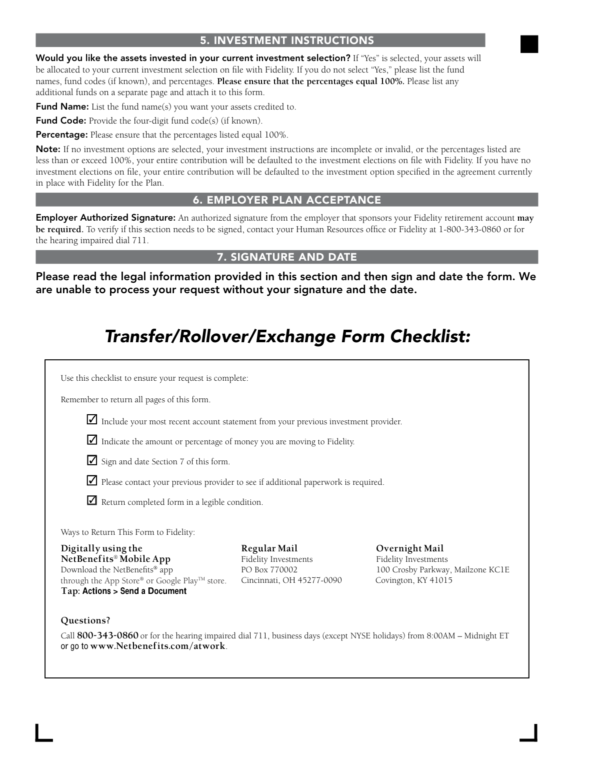 Completed Fidelity Investments Transfer/Rollover/Exchange Form for a direct 401(k) rollover to a Traditional IRA