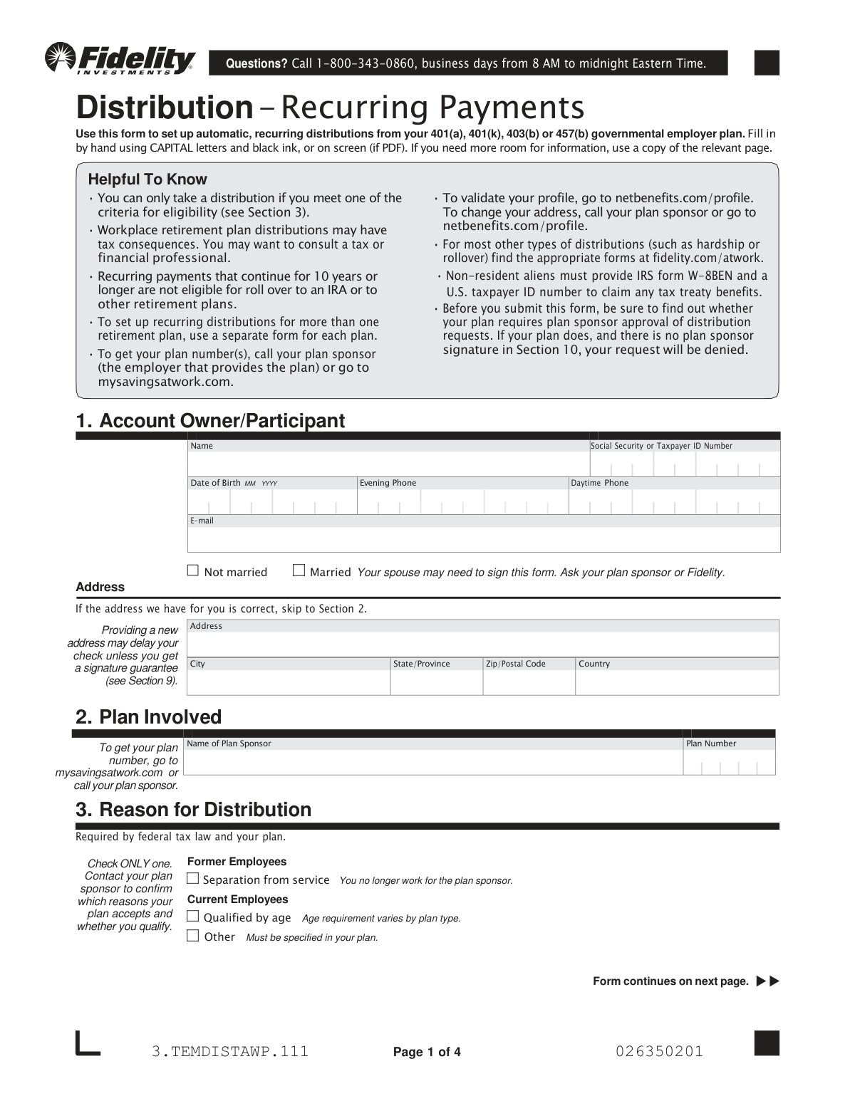 Example of a completed Fidelity NetBenefits Distribution - Recurring Payments form for a retiree.