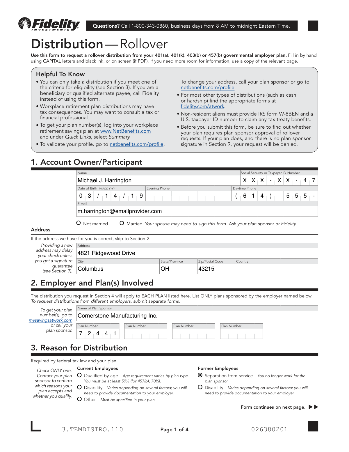 Completed Fidelity NetBenefits Distribution—Rollover Form for a direct rollover from a 401(k) to a Traditional IRA