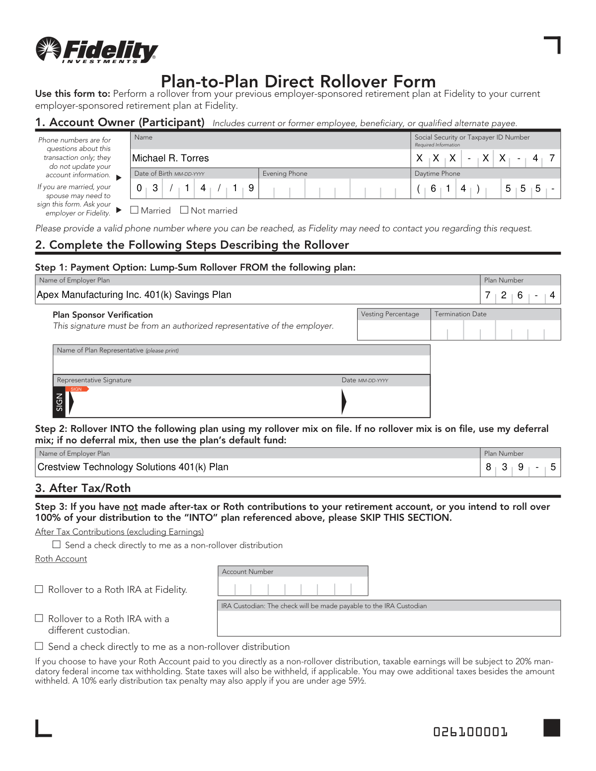 Completed Fidelity NetBenefits Plan-to-Plan Direct Rollover Form showing a 401(k) rollover from a former employer's plan to a new employer's Fidelity NetBenefits plan