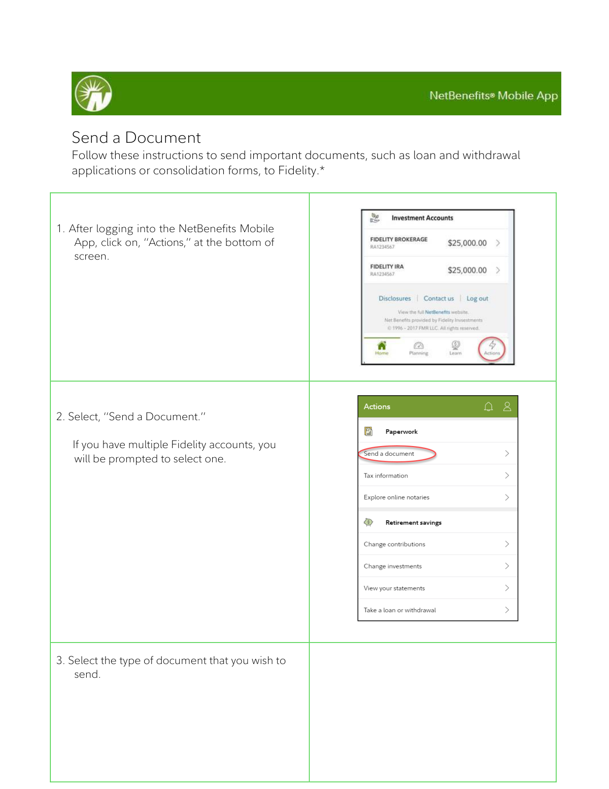Completed Fidelity NetBenefits Send a Document Form for a beneficiary designation change submission