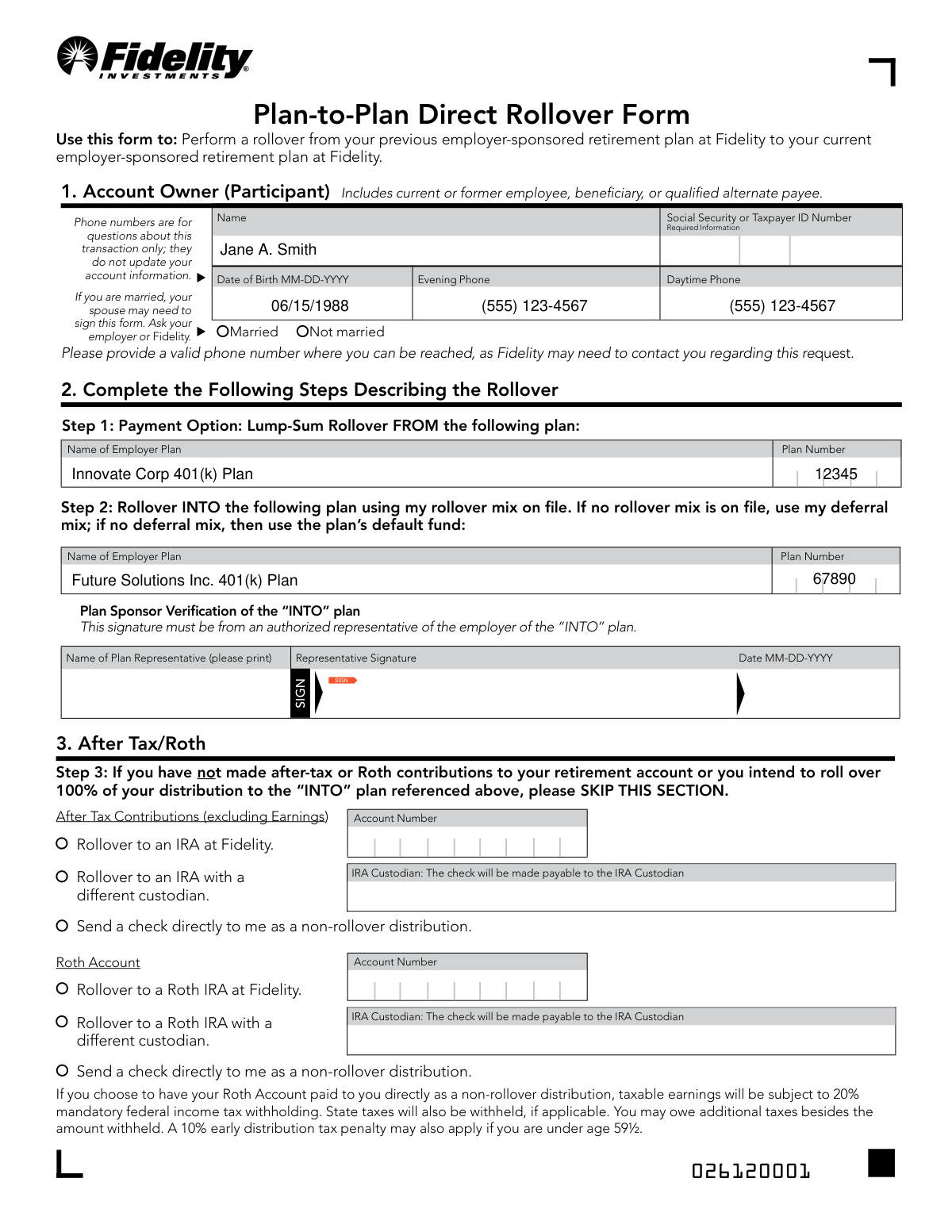 Completed Fidelity Plan-to-Plan Direct Rollover Form sample for moving a 401(k) to a new employer's plan.
