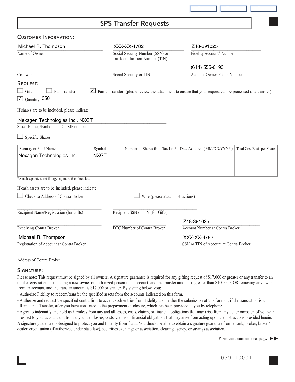 Completed Fidelity Stock Plan Services (SPS) Transfer Request Form for transferring vested employee stock options to an individual brokerage account