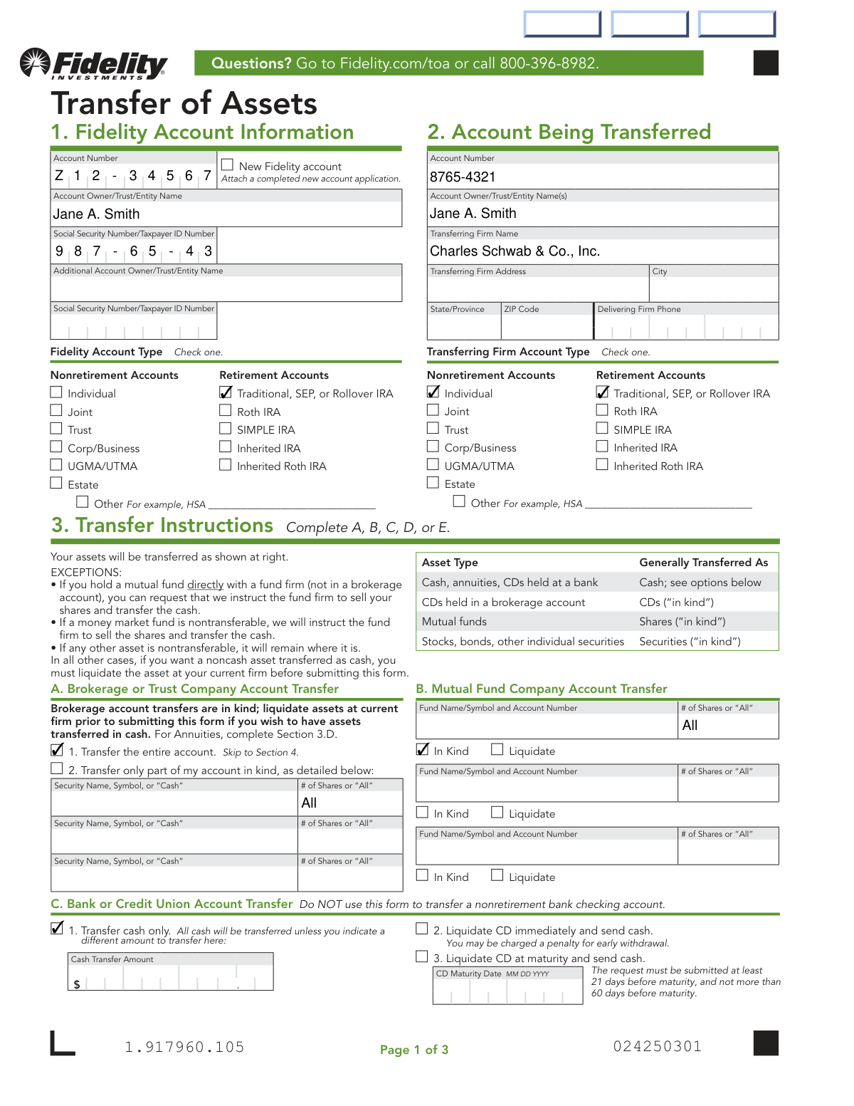 Completed Fidelity Transfer of Assets form for a Traditional IRA rollover from another brokerage