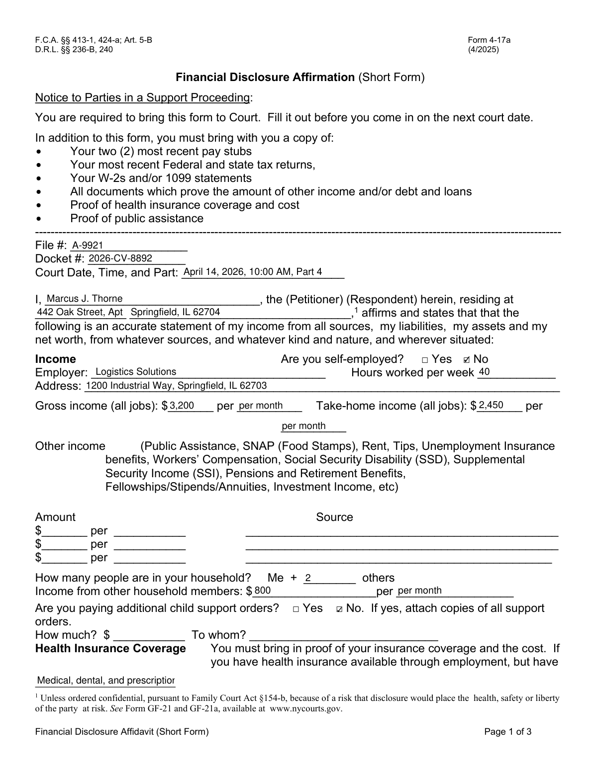 A completed Financial Disclosure Affidavit document showing extracted employment, income, and expense details.