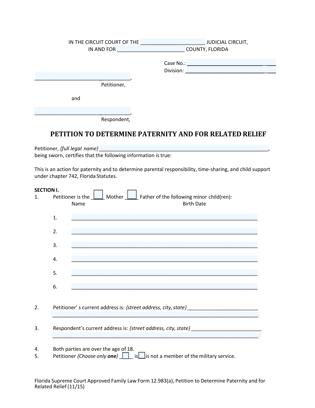 Preview of Florida Supreme Court Approved Family Law Form 12.983(a), Petition to Determine Paternity and for Related Relief