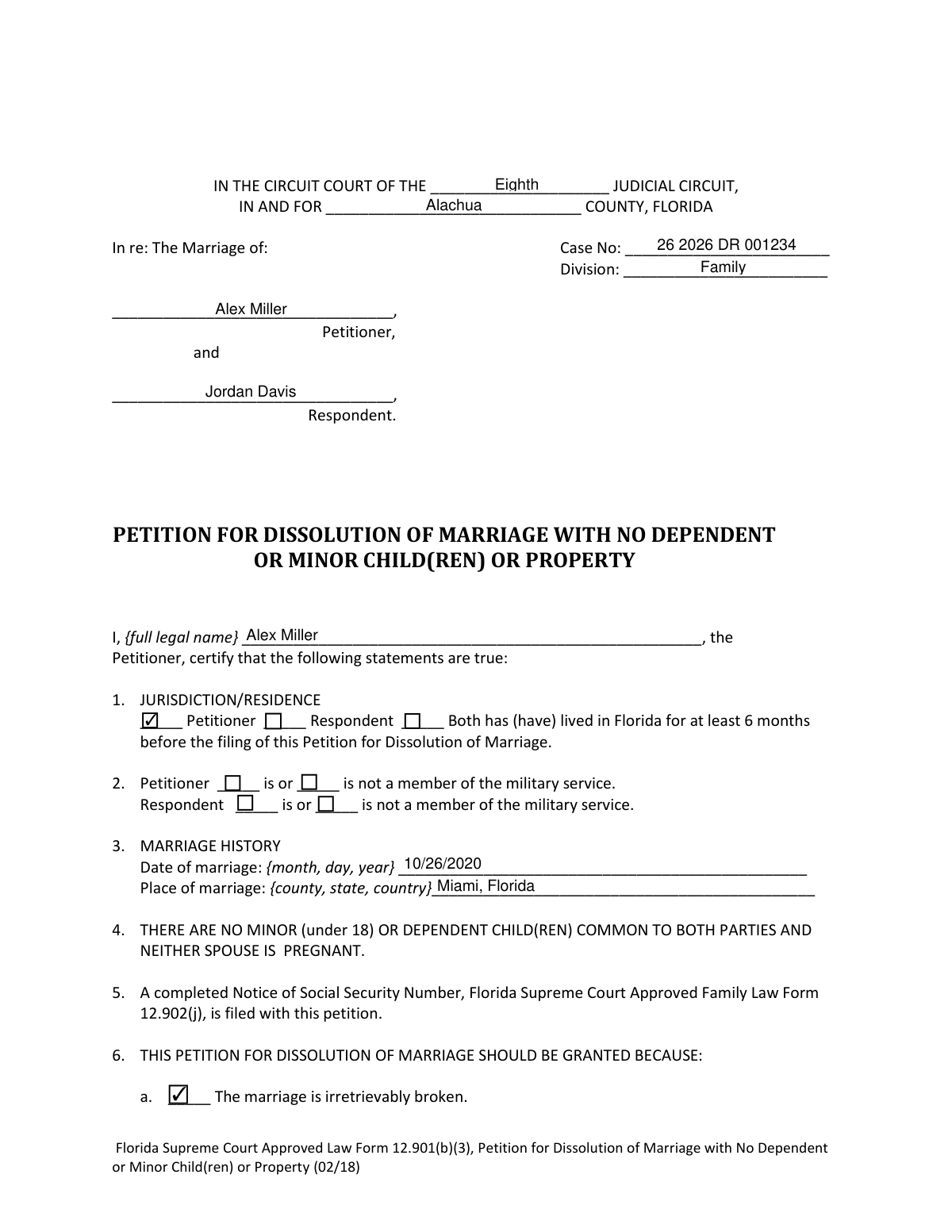 Completed sample of Florida Supreme Court Approved Family Law Form 12.901(b)(3) for a simplified divorce.