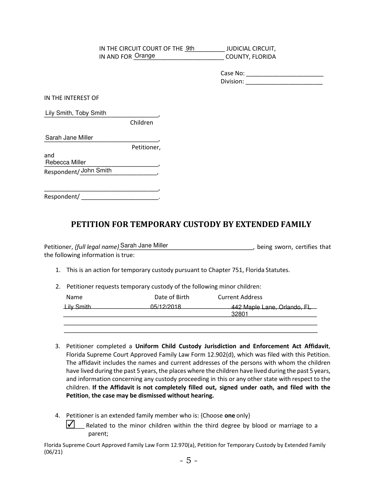 Completed Florida Supreme Court Approved Family Law Form 12.970(a) document sample