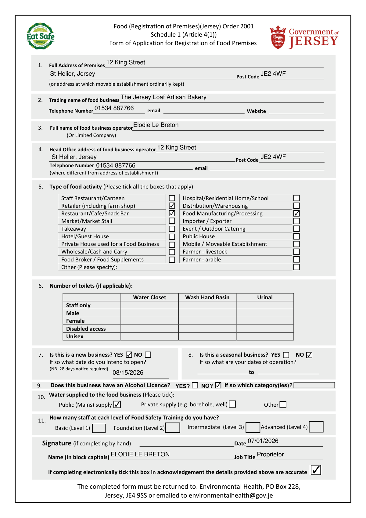 Completed example of a Food (Registration of Premises) (Jersey) Order 2001 form for a new artisan bakery.