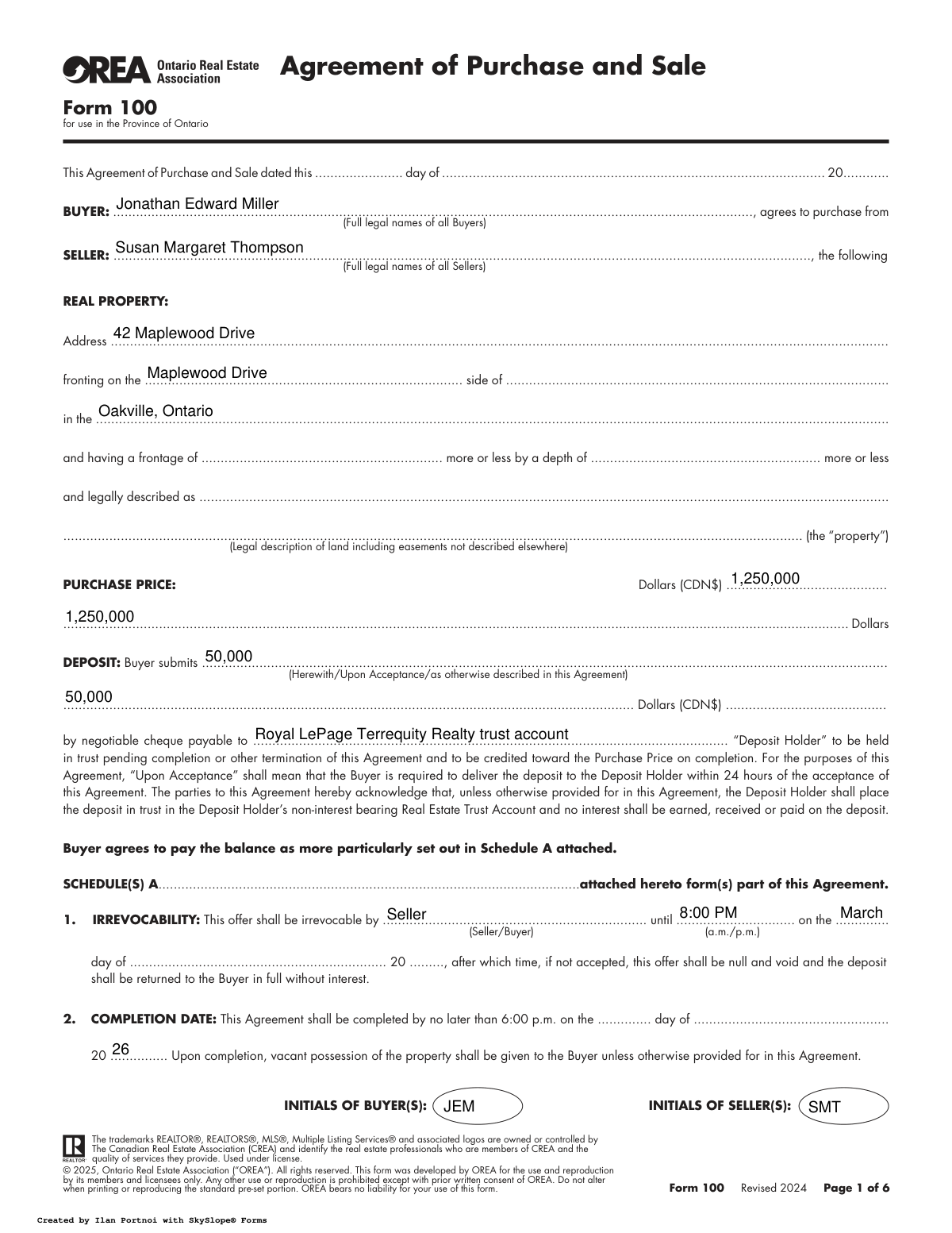 Completed Ontario Real Estate Association Form 100 for residential property purchase