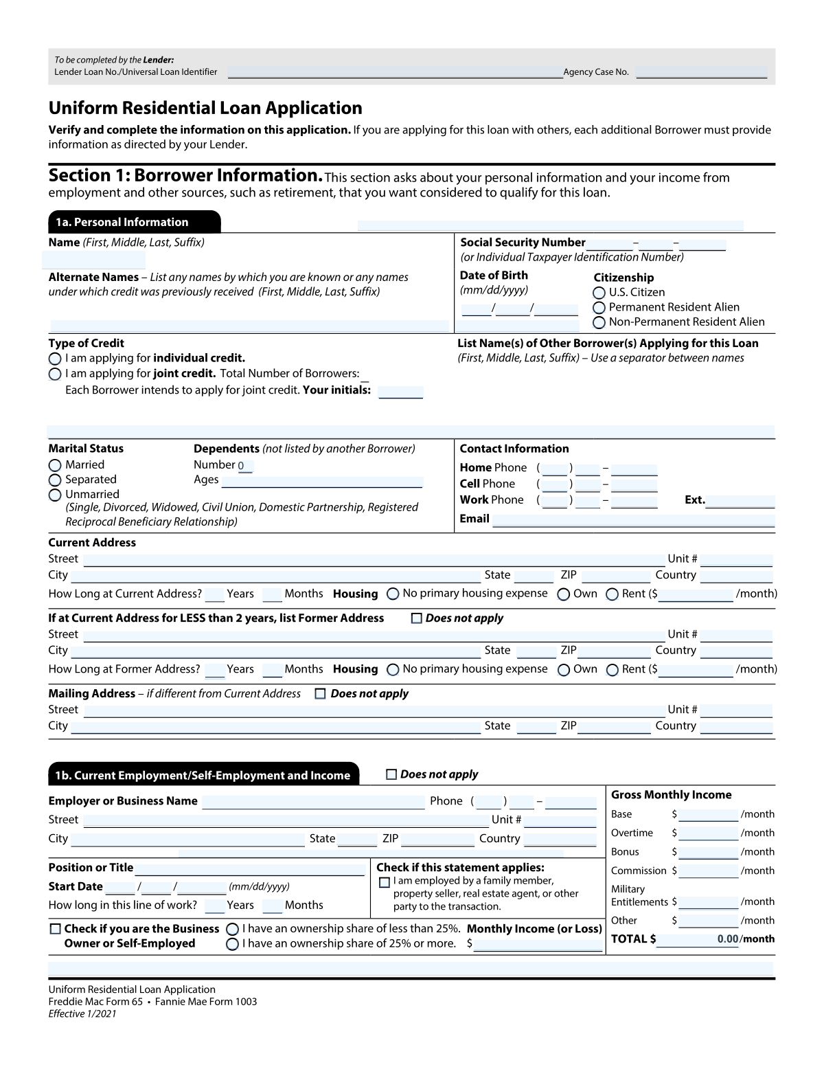 Preview of Form 1003, Uniform Residential Loan Application