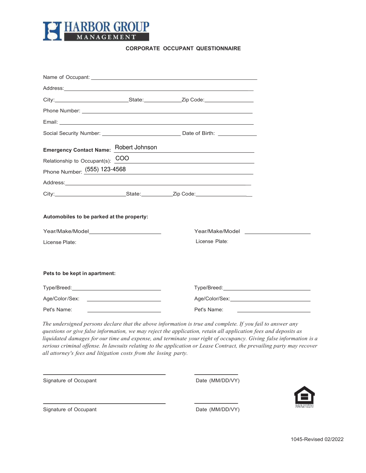 Completed Form 1045, Corporate Occupant Questionnaire, for a tech company leasing new office space.