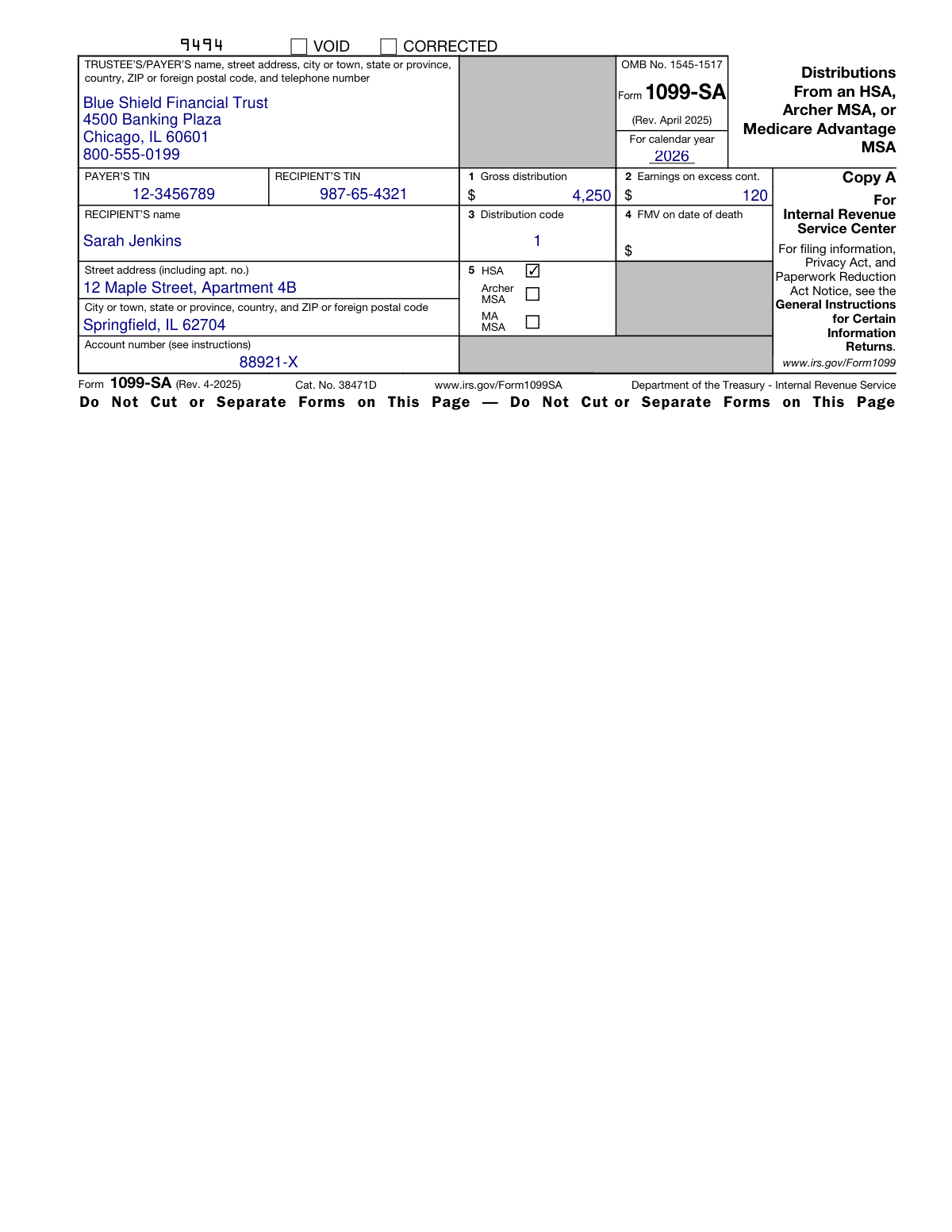 Filled Form 1099-SA example showing HSA distribution details