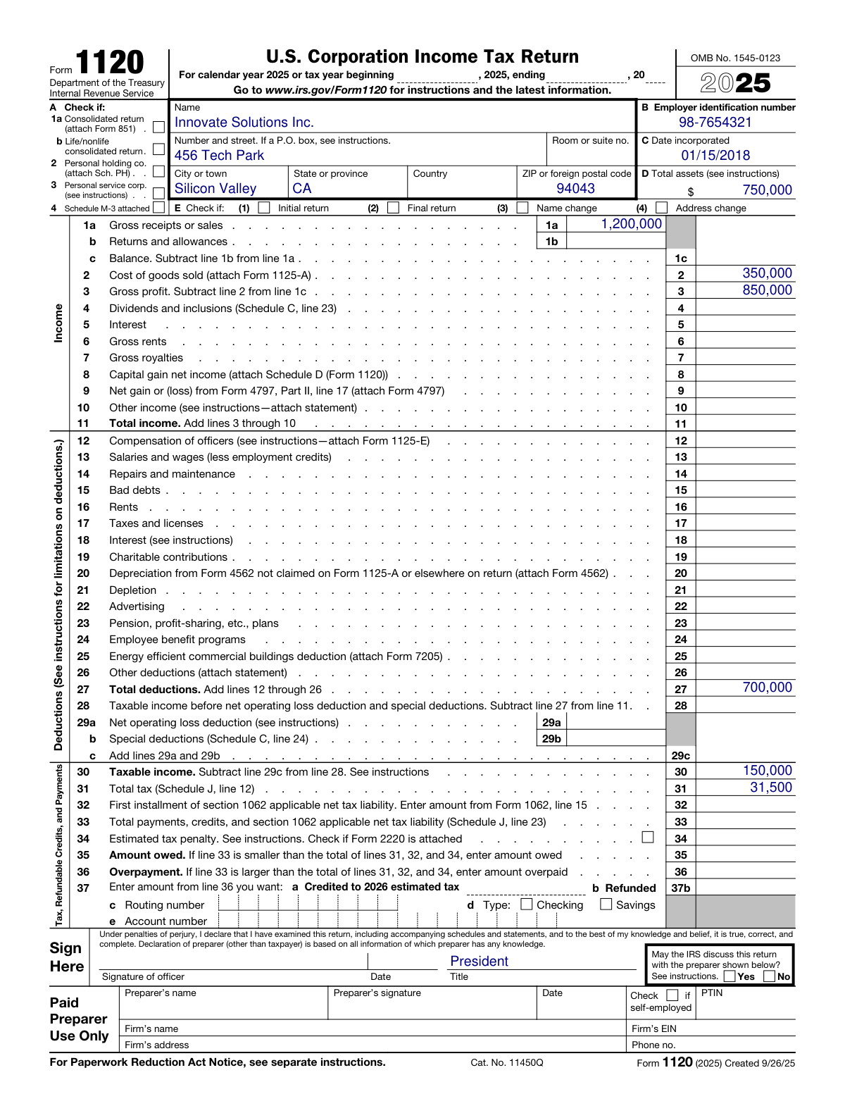 Completed sample of a 2025 Form 1120 for a U.S. technology corporation.