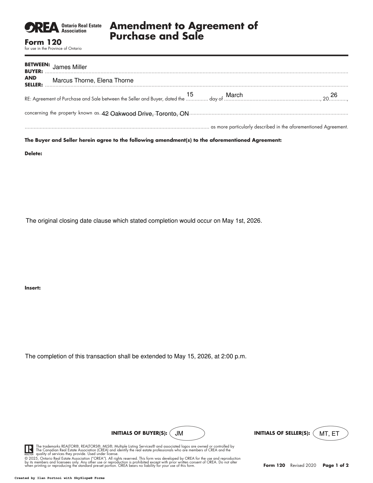 Filled sample of Form 120, Amendment to Agreement of Purchase and Sale for a residential real estate transaction.