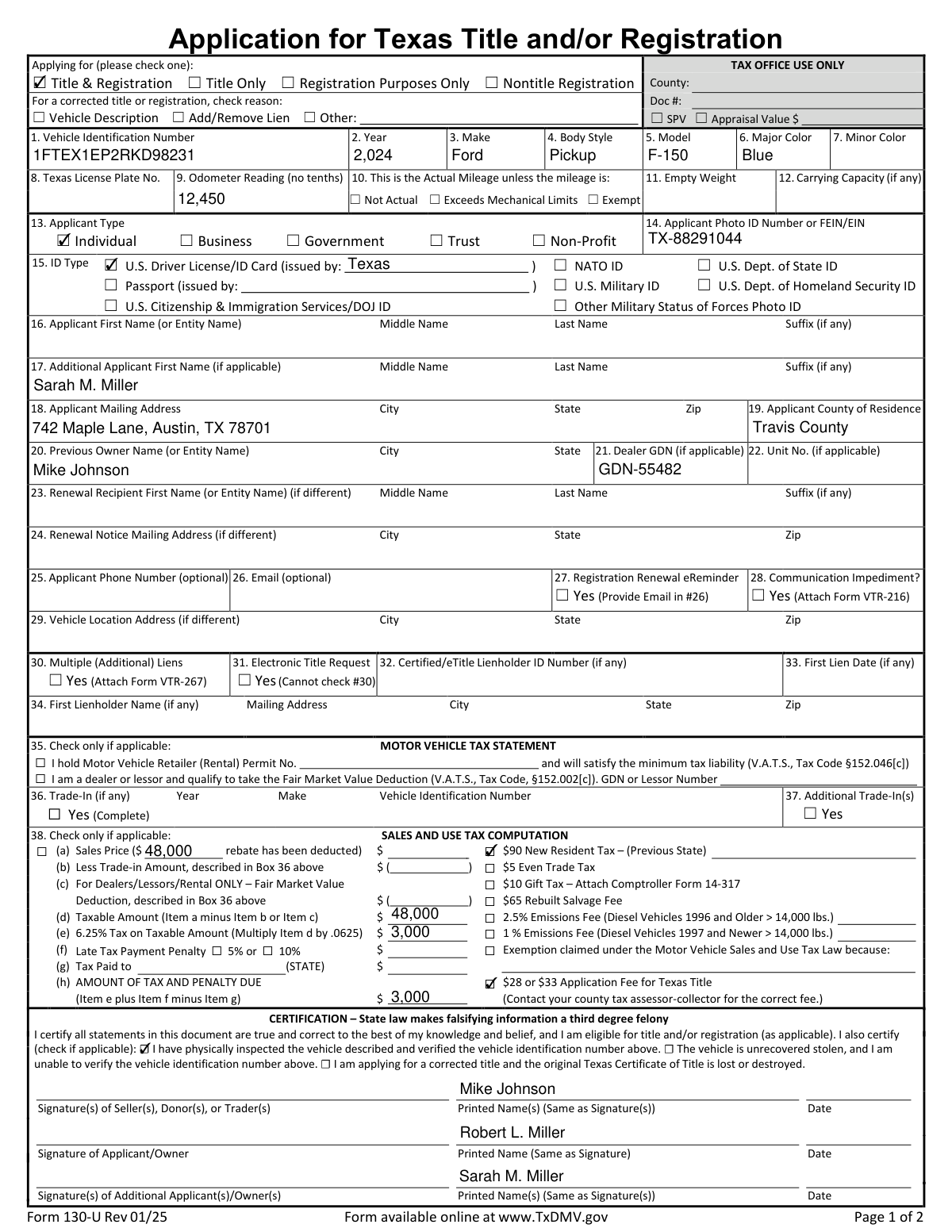 Completed Texas Form 130-U Application for Title and Registration