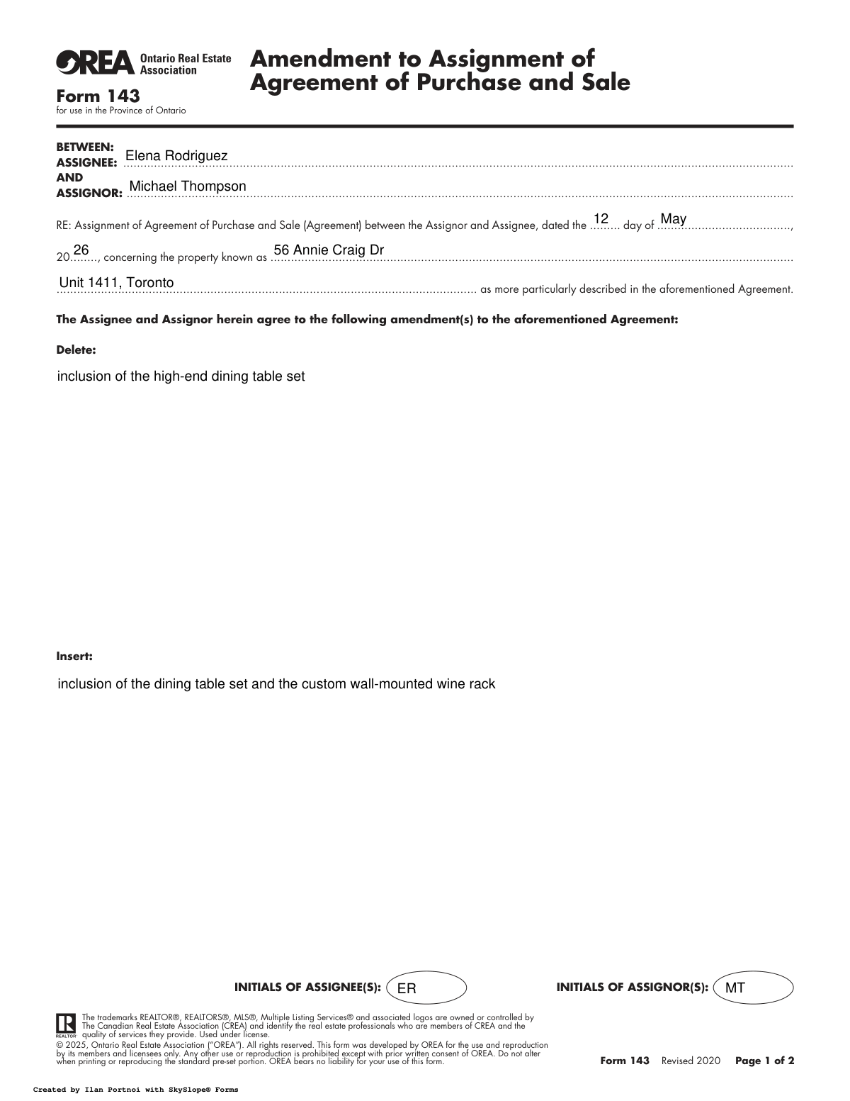 Completed Form 143 Amendment to Assignment of Agreement of Purchase and Sale document