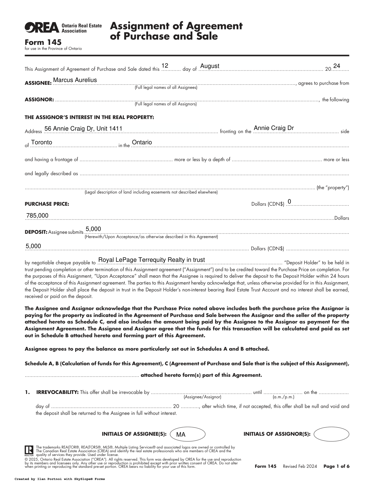 Completed Ontario Form 145 Assignment of Agreement of Purchase and Sale document