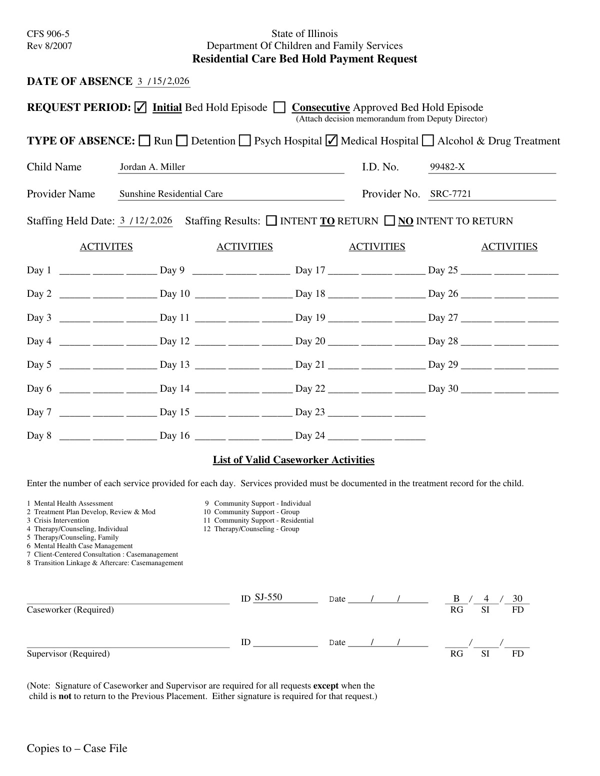 A completed Child Protective Services Form 2085-B displaying Bed Hold Request details.