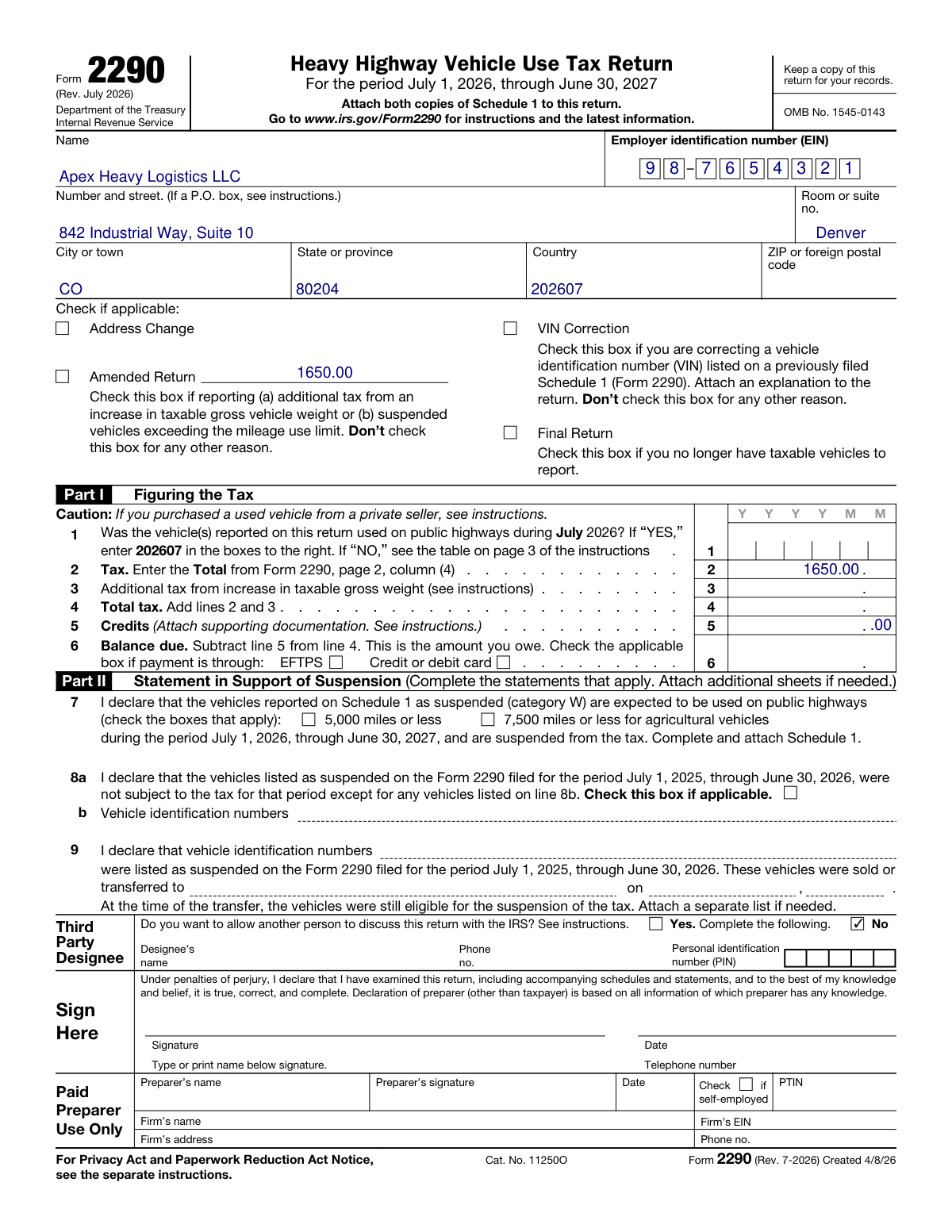 Completed IRS Form 2290 Heavy Highway Vehicle Use Tax Return