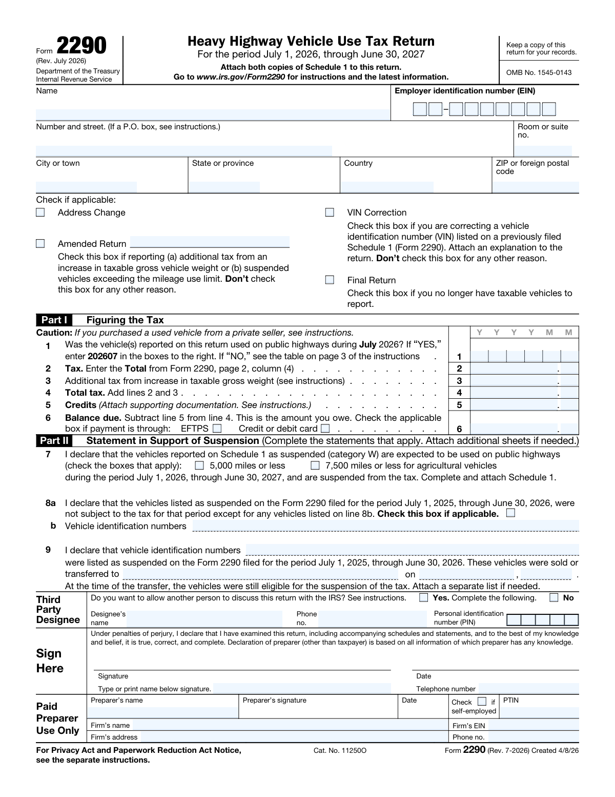 Preview of Form 2290, Heavy Highway Vehicle Use Tax Return