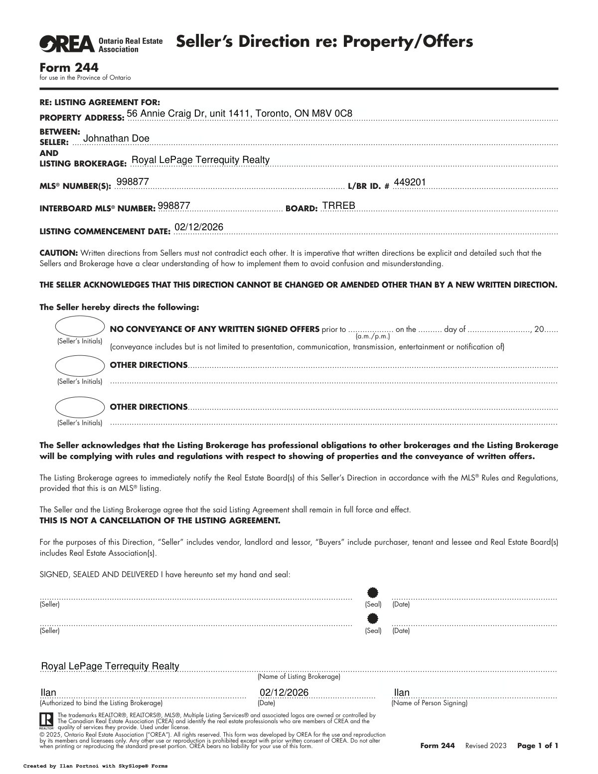 Filled sample of OREA Form 244 Seller's Direction re: Property/Offers