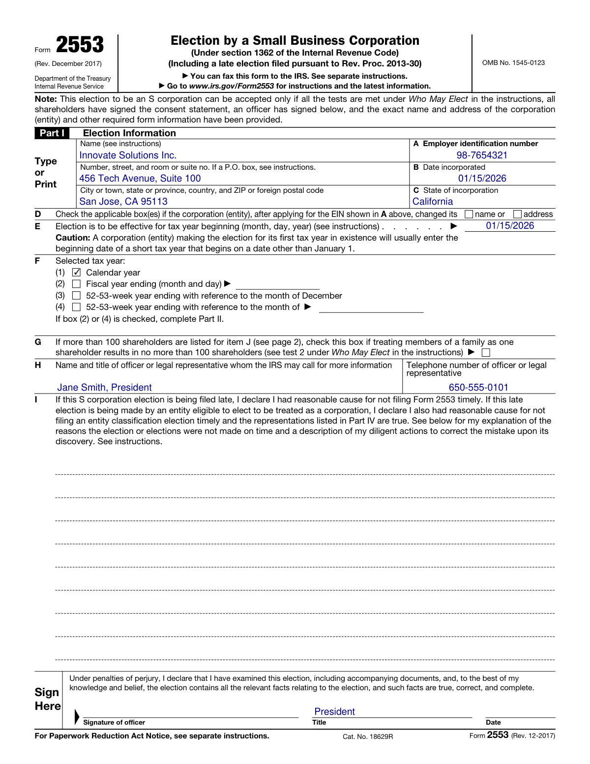 A completed sample of Form 2553 (Rev. December 2017) for a new business making an S Corp election.