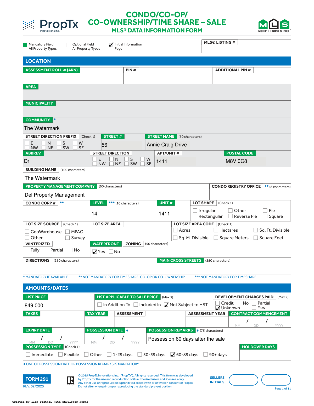 Filled MLS Form 291 for a luxury condo unit sale
