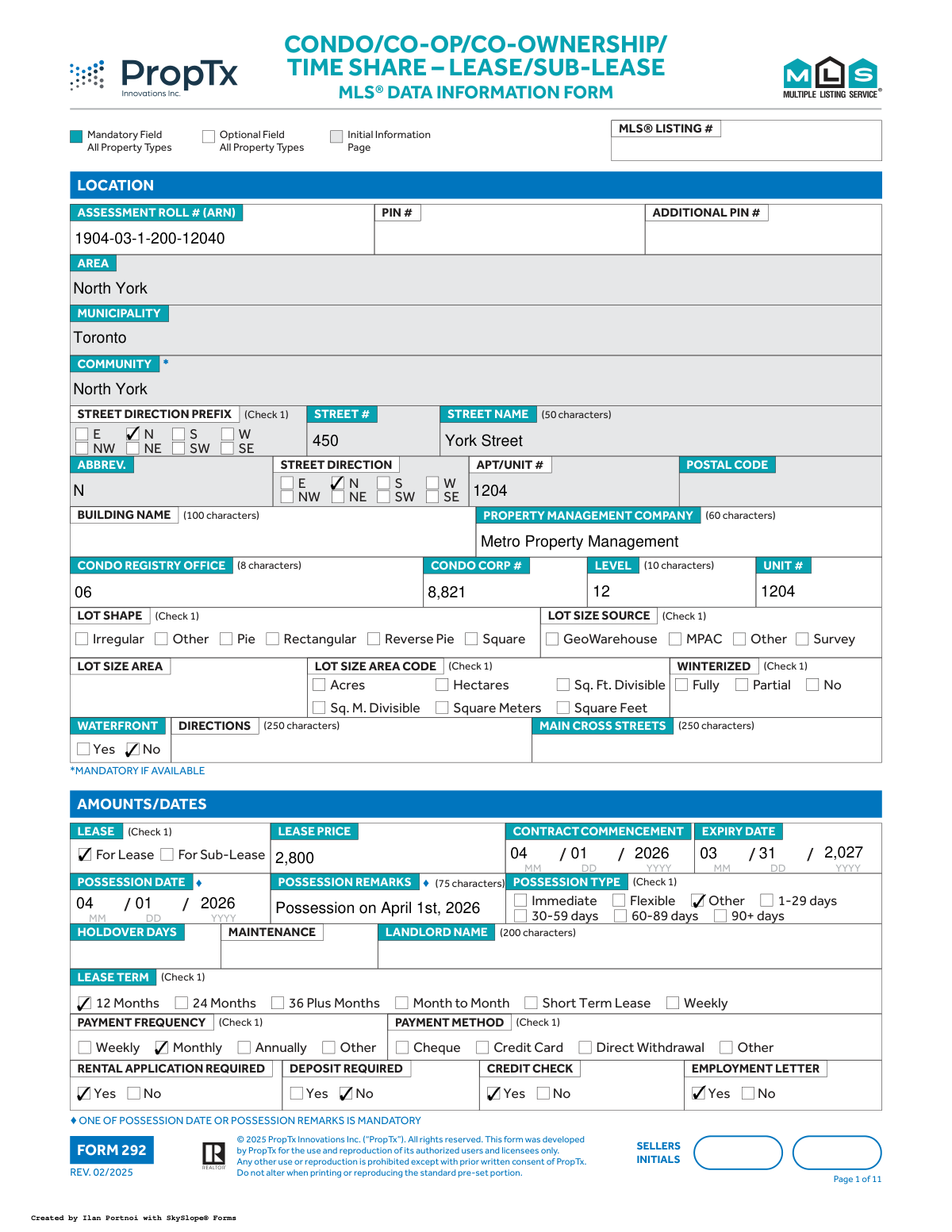 Completed Form 292 MLS Data Information Form for a Condo lease