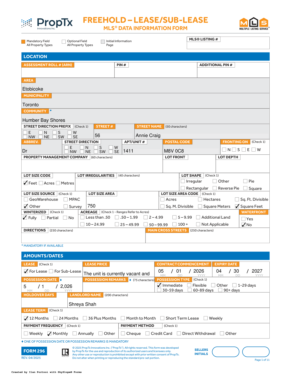Completed MLS Form 296 for a freehold lease property