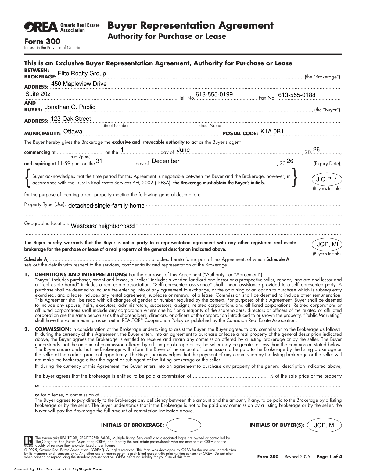 A completed Form 300 Buyer Representation Agreement document