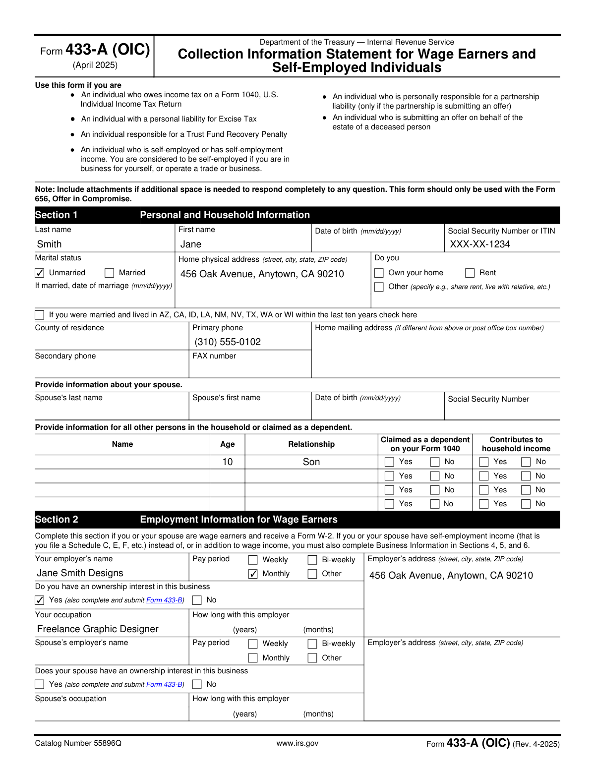 A completed sample of Form 433-A (OIC) for a self-employed individual applying for an Offer in Compromise.