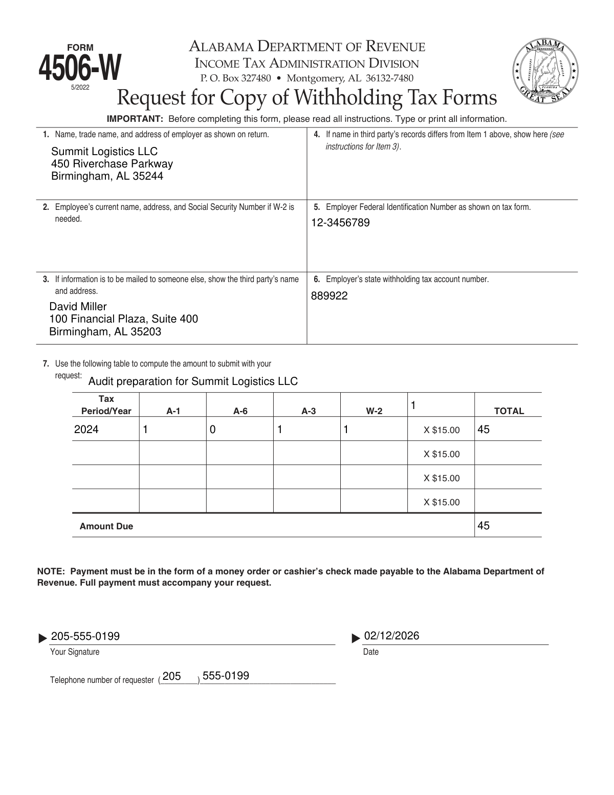 Completed Alabama Form 4506-W showing extracted data from client correspondence.