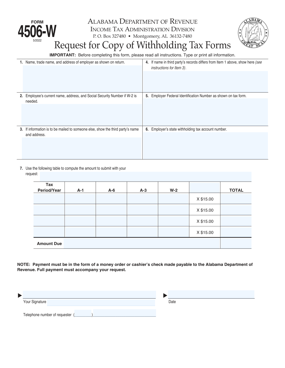 Preview of Form 4506-W, Request for Copy of Withholding Tax Forms