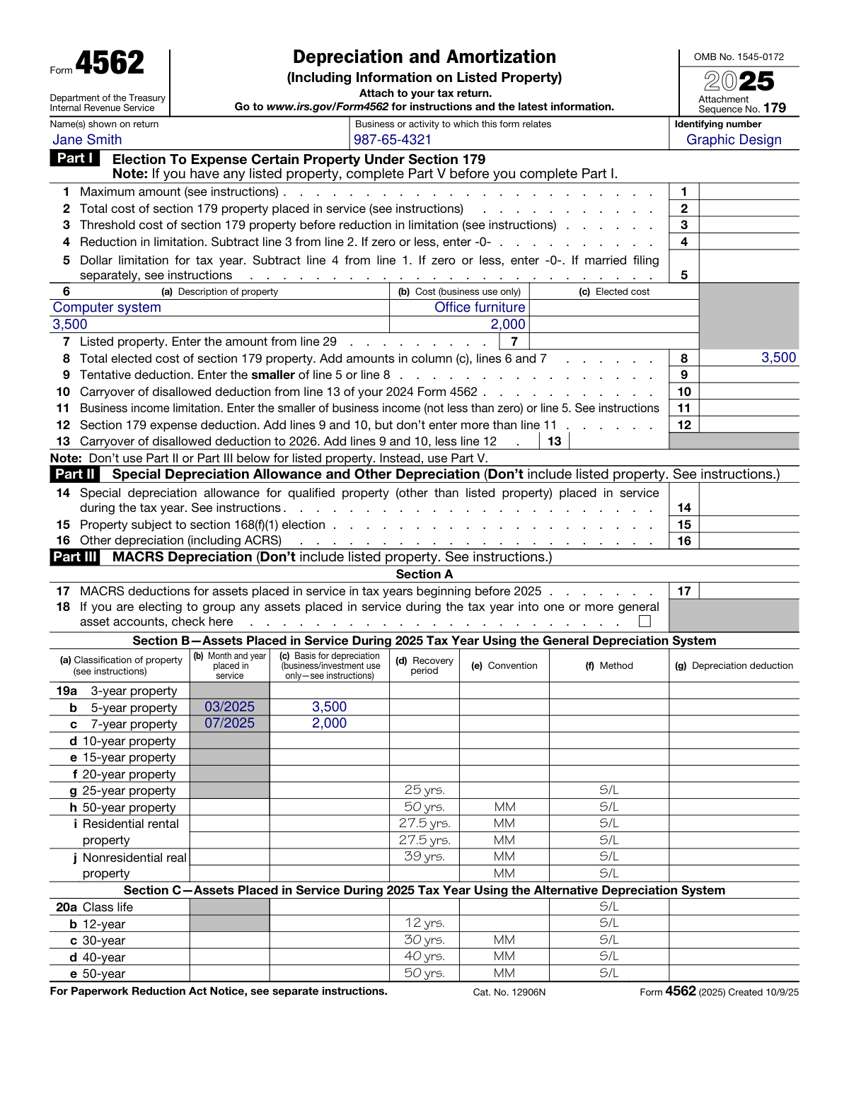 Completed 2025 Form 4562 for a sole proprietor claiming depreciation on a computer, furniture, and a vehicle.