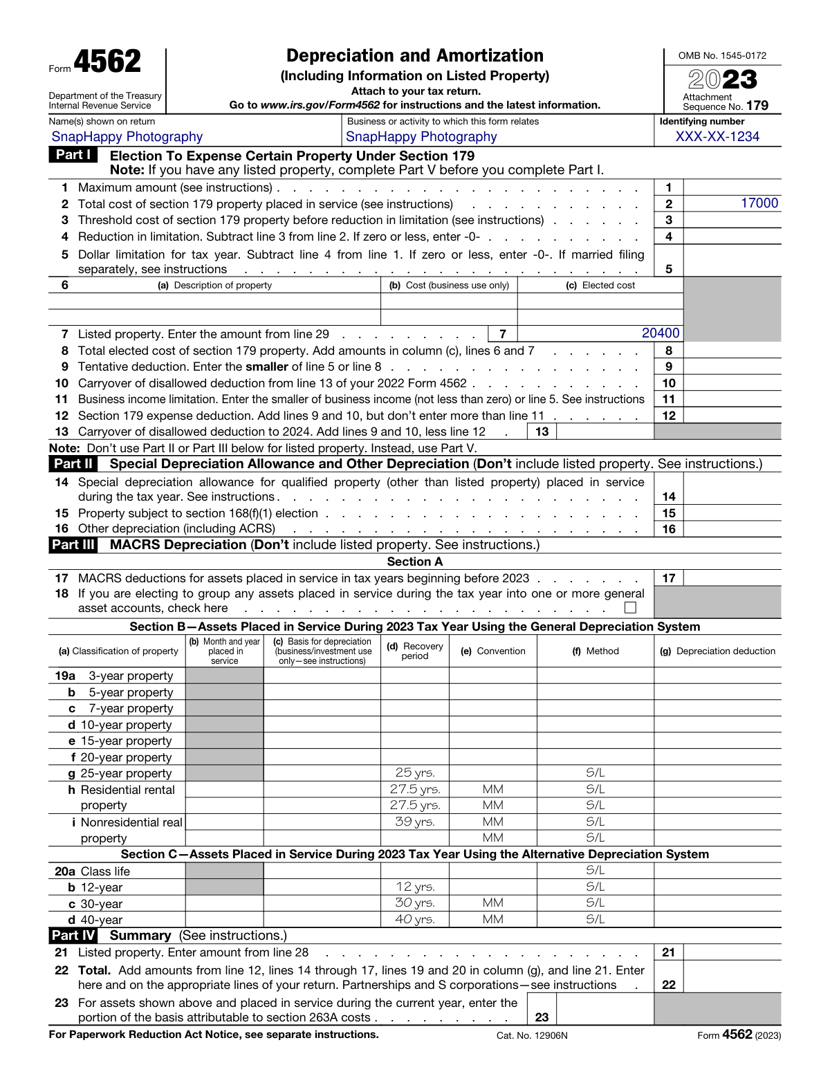 Completed Form 4562 for a small photography business showing Section 179 and listed property depreciation.