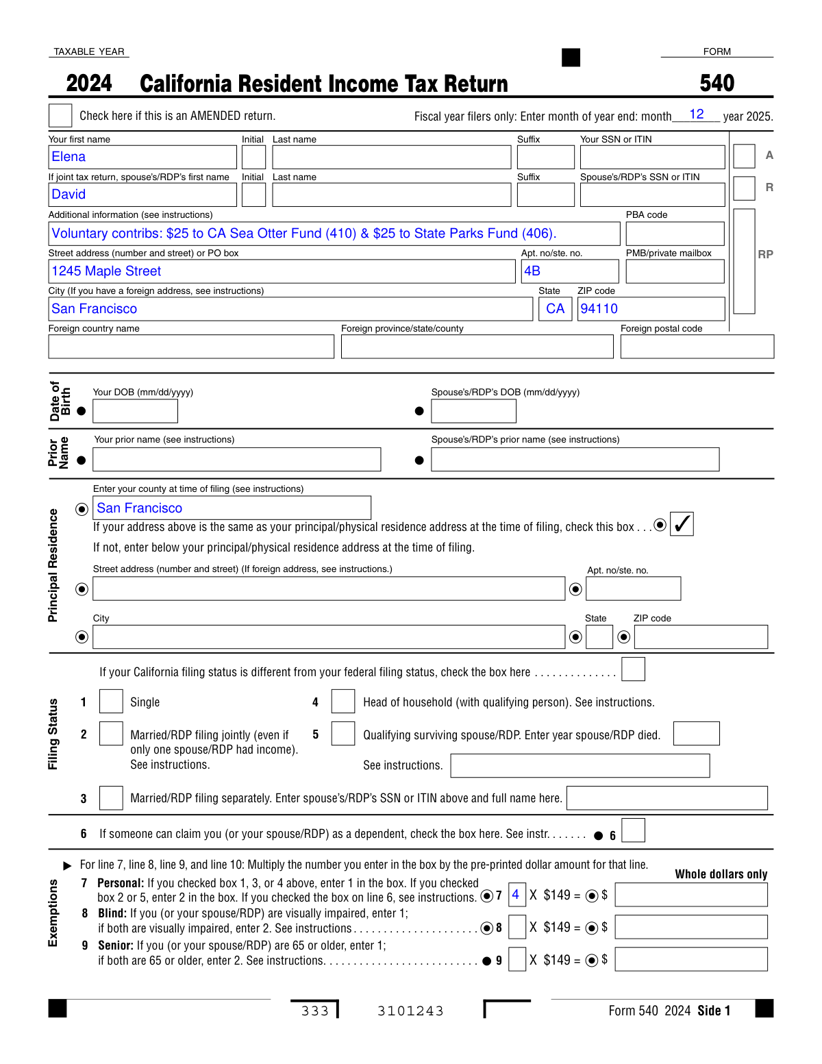 Filled-out California Form 540 2024 Resident Income Tax Return example