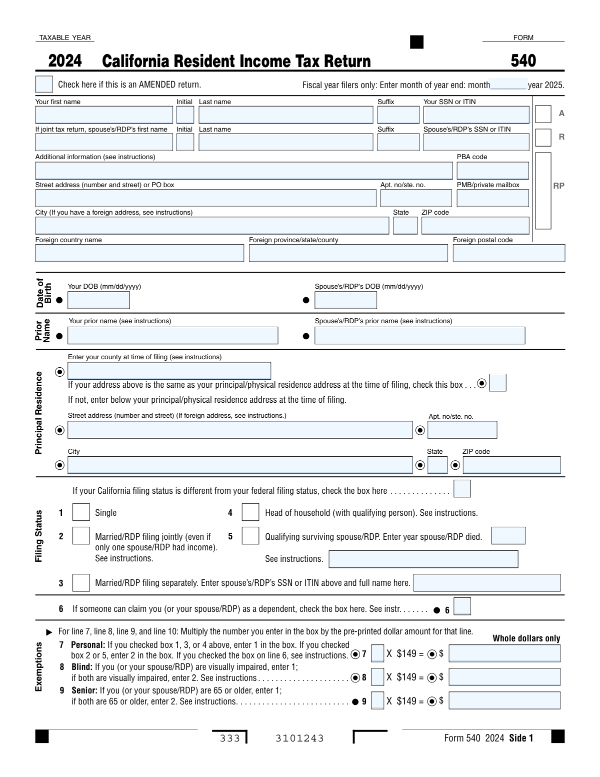 Preview of Form 540, California Resident Income Tax Return (2024)