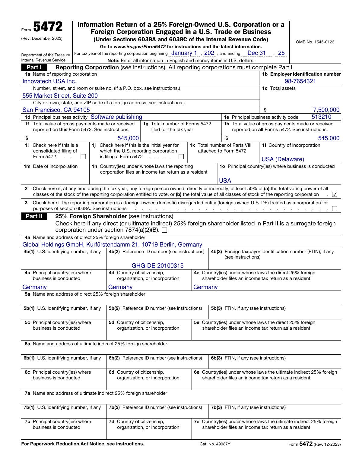 Completed sample of Form 5472 for a U.S. corporation that is 100% owned by a foreign individual shareholder.