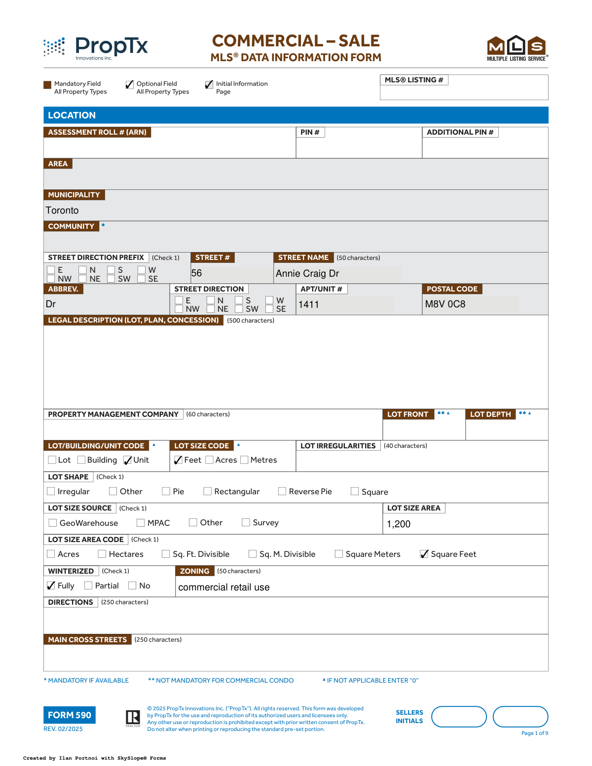 Completed Form 590 for a commercial property sale
