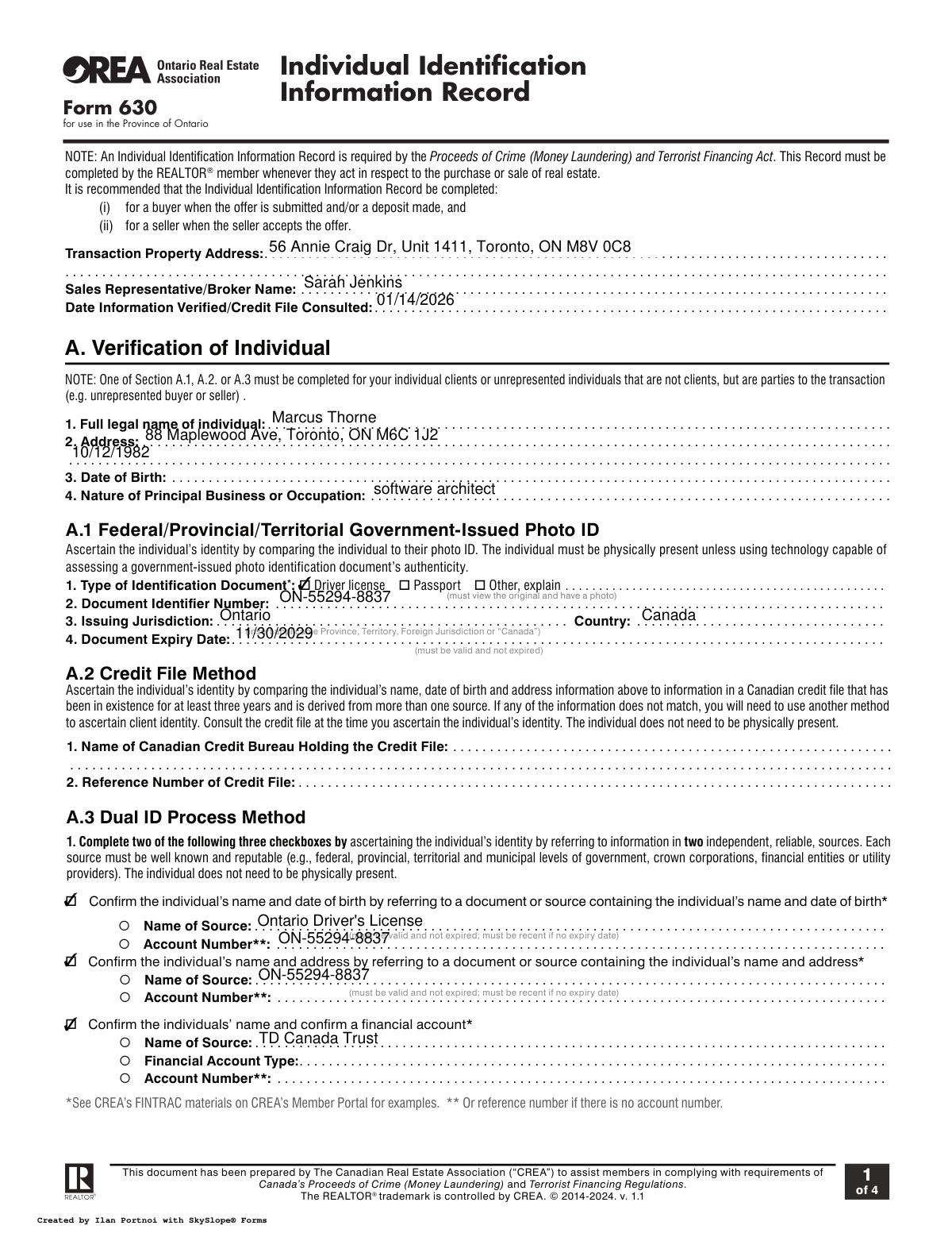 Completed Form 630 Individual Identification Information Record document
