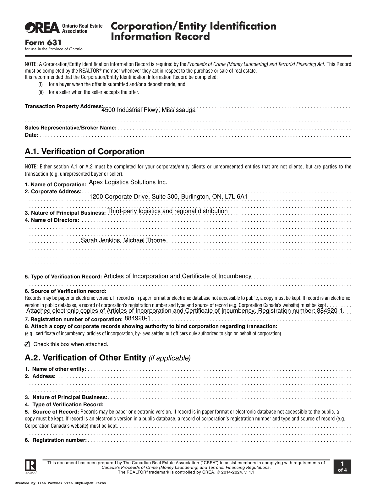 Completed Form 631 for a corporate real estate transaction in Ontario