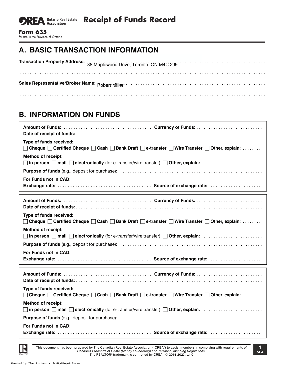 Filled Form 635 Receipt of Funds Record showing Ontario real estate transaction details