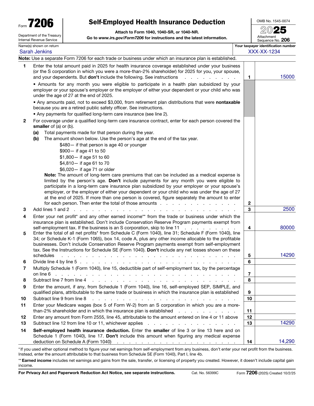 Completed Form 7206 (2025) for a self-employed graphic designer claiming the self-employed health insurance deduction.