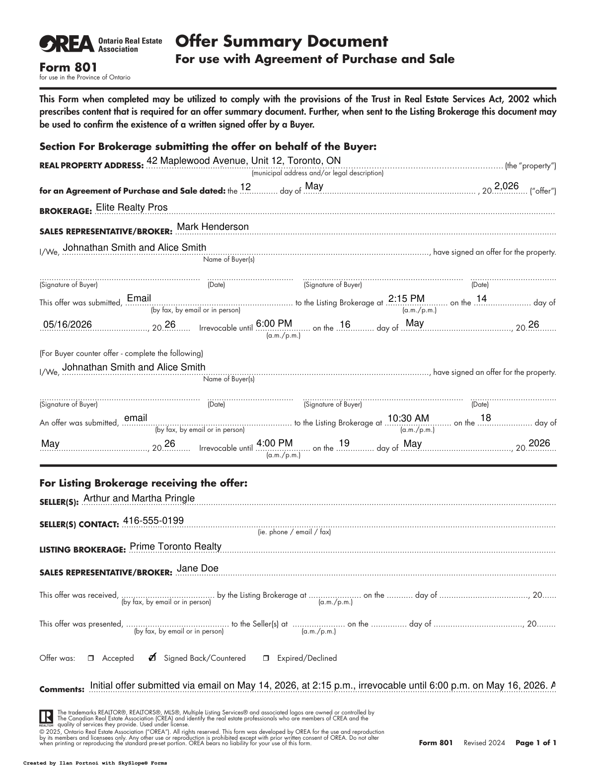 Completed Form 801 Offer Summary Document for real estate transactions