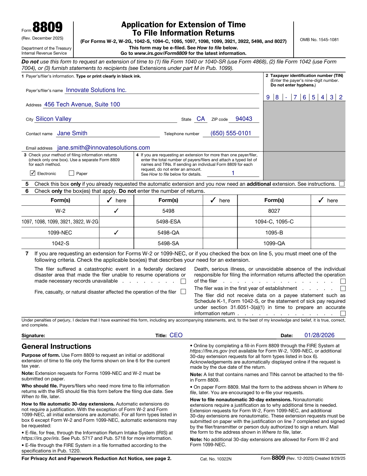 Completed Form 8809 (Rev. December 2025) sample for a small business requesting a 30-day extension to file W-2 and 1099-NEC forms.