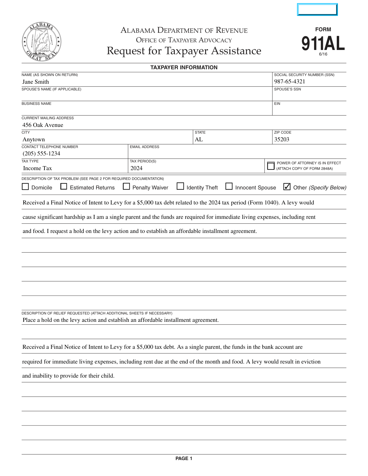 Completed Form 911AL, Request for Taxpayer Assistance, filled out to stop an IRS bank levy due to economic hardship in Alabama.