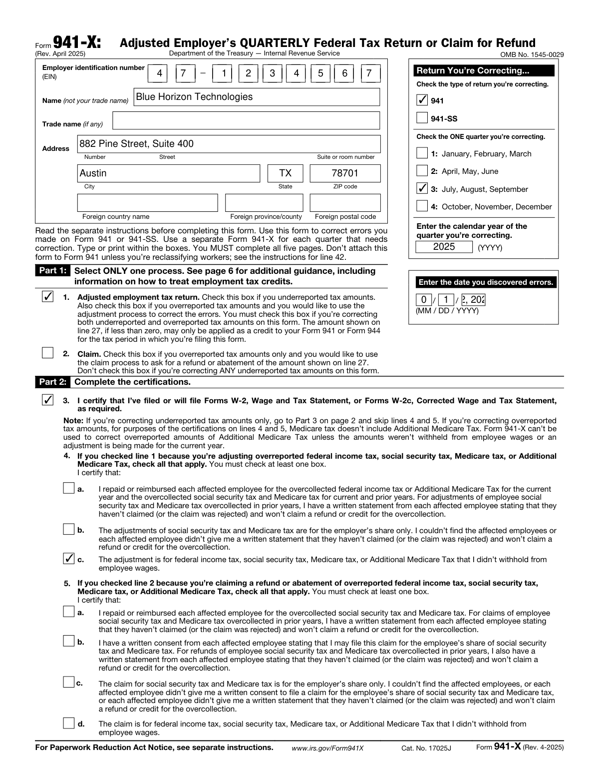Completed Form 941-X Adjusted Employer’s QUARTERLY Federal Tax Return